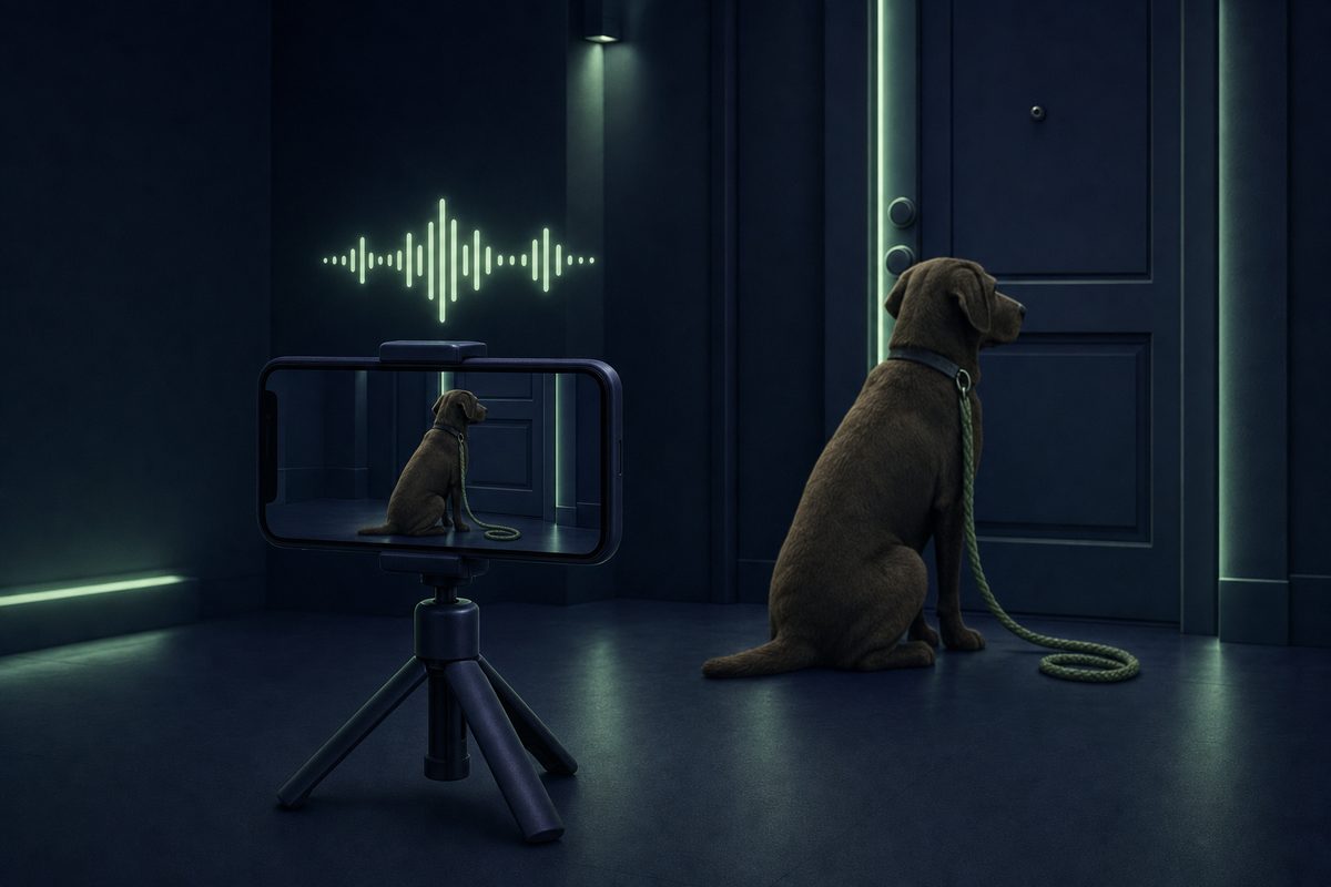 A phone on a small tripod filming a calm dog at a front door, with a voice-message waveform above it