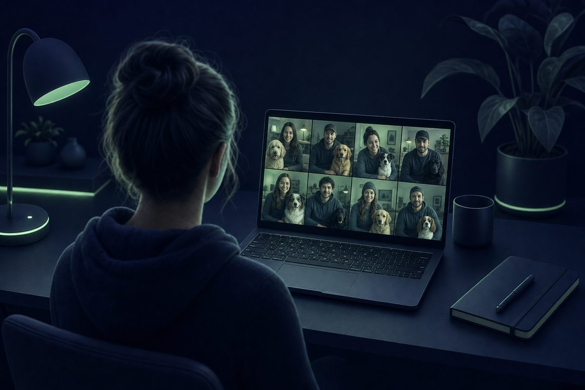 A laptop on a kitchen table showing a video call with a grid of dogs