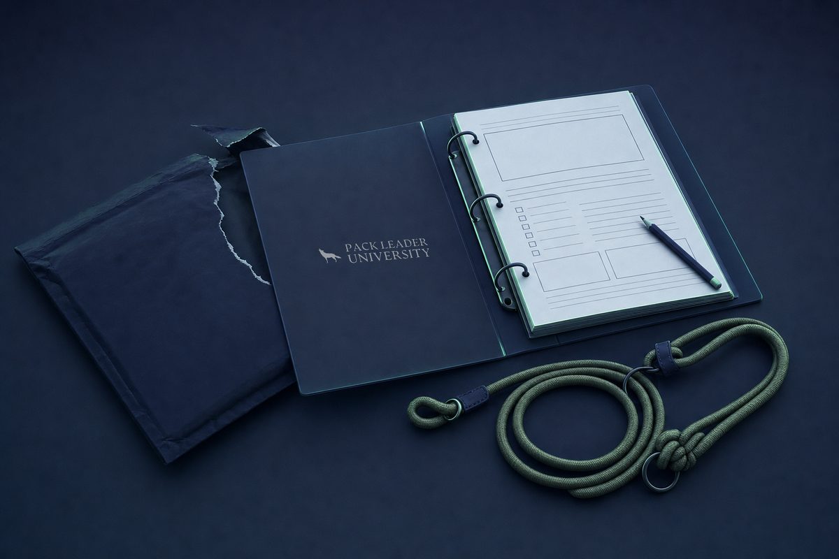 An open navy binder with printed worksheets next to its shipping envelope and a rope slip lead