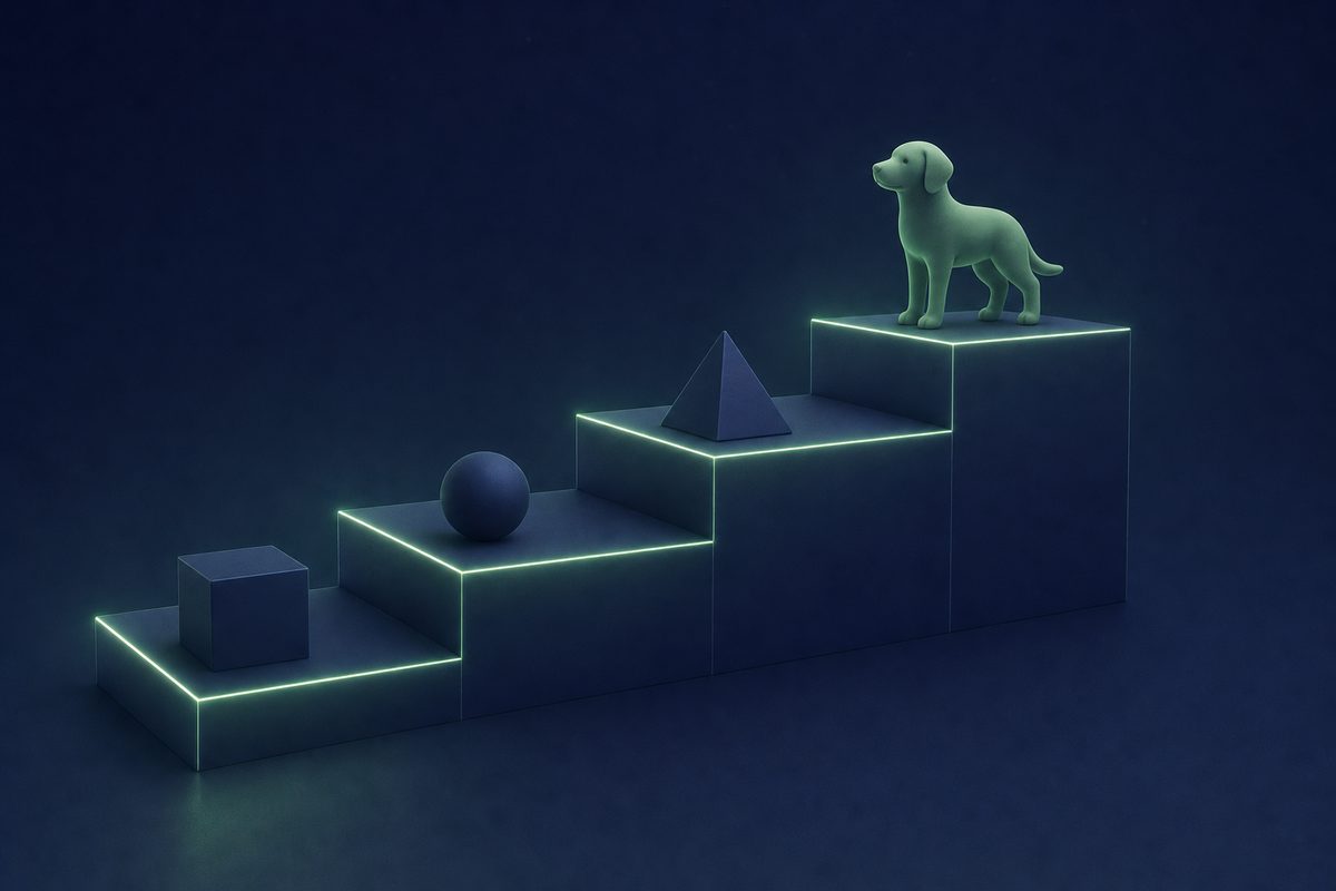 Four steps rising from low to high with a small dog figurine on the top step
